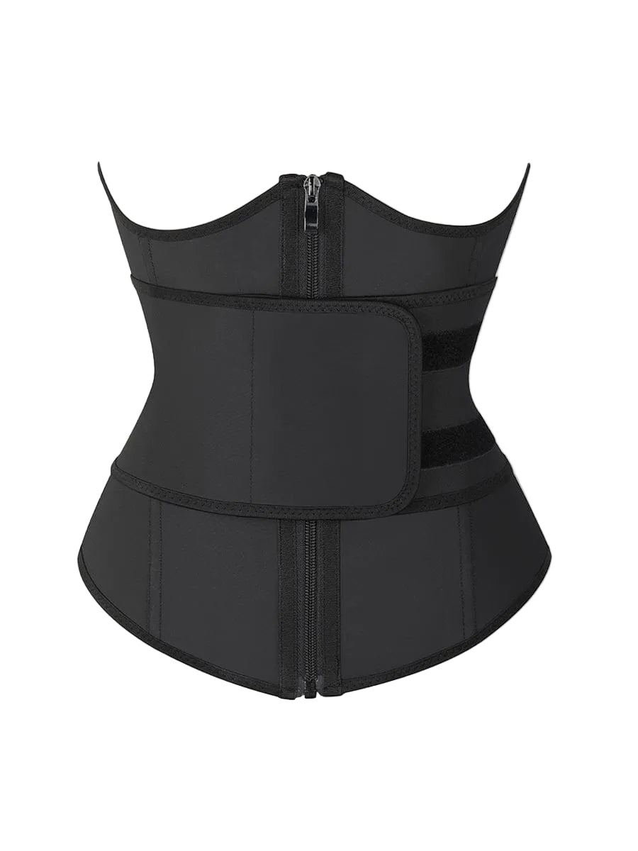 A black molded W type waist diminisher with adjustable steel bones and a smooth metal zipper, designed for posture correction and back support.